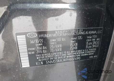 2023 Hyundai Santa Fe Sel из США, поврежденный, VIN 5NMS34AJ4PH607690